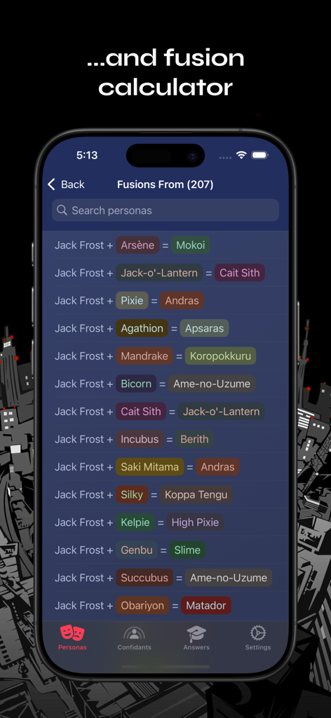 P5R Guide - P5R Guide app screen showing the persona fusion calculator with combinations