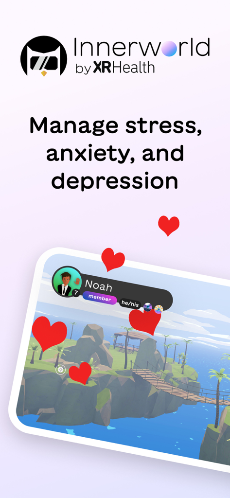 Innerworld: mental health help - Innerworld app interface showing a 3D virtual island and user avatar profile for managing stress and anxiety