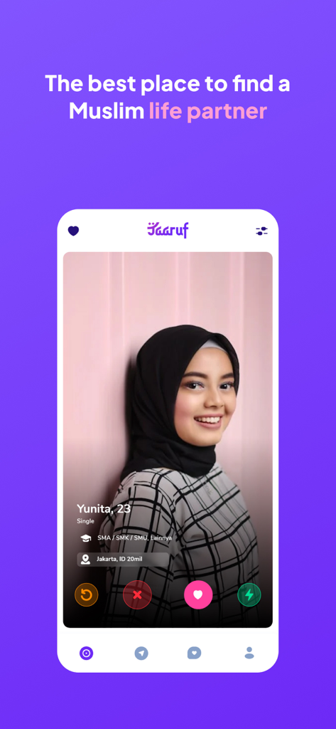 Mobile app screen for Hijra Taaruf showing a user profile with the headline find a Muslim life partner