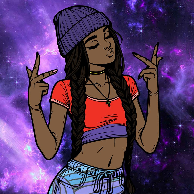 realistic teenage girl with braids and a beanie and crop top doing 🫶🏼