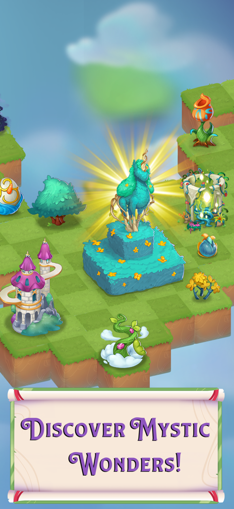 Merge Magic! - A glowing unicorn statue in a magical floating garden from Merge Magic