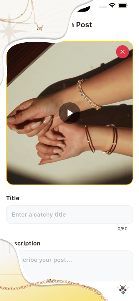 NeKo - Flow & Video - Captura de pantalla de la interfaz de creación de publicaciones de la aplicación NeKo que muestra una vista previa de vídeo de joyería y campos de entrada de texto para título y descripción.
