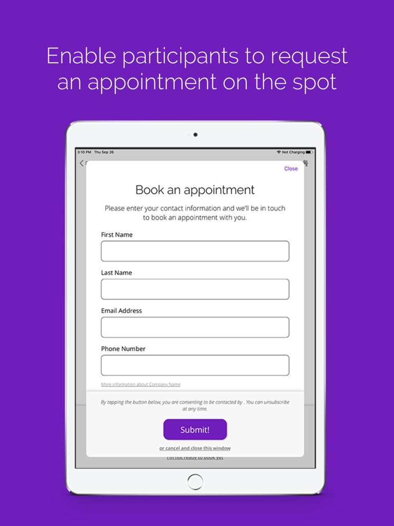 SHOEBOX QuickTest app appointment booking form on iPad