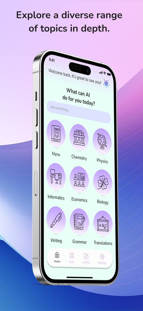 Homework Solver: AI Helper App - Una pantalla de smartphone mostrando el menú de la aplicación IA Solucionador de Tareas con iconos para materias como Matemáticas, Química y Física