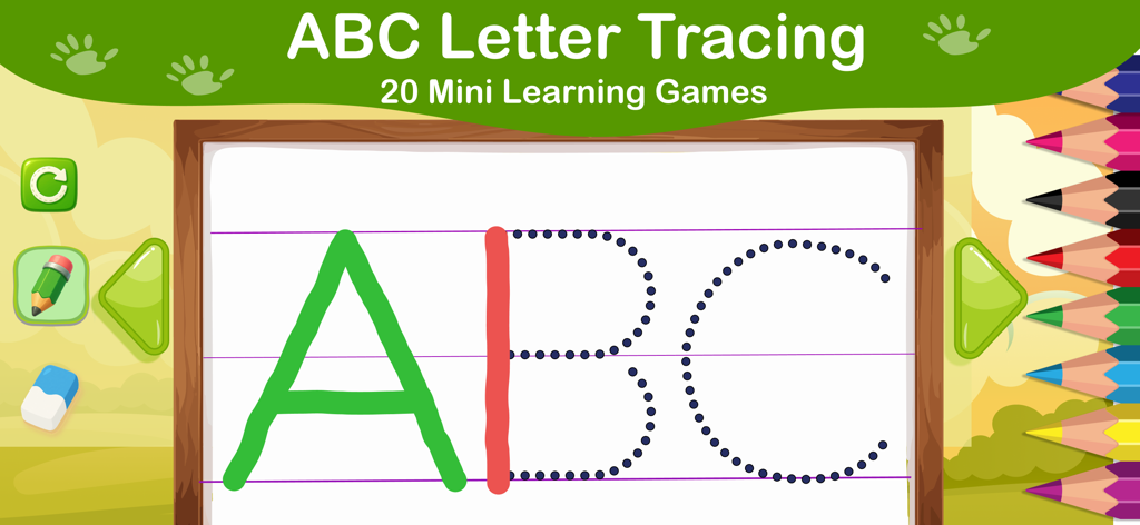 ABC Letter Tracing Games - Interfaz interactiva de trazado de letras que muestra las letras mayúsculas A, B y C con herramientas de dibujo de colores para la práctica de caligrafía preescolar.