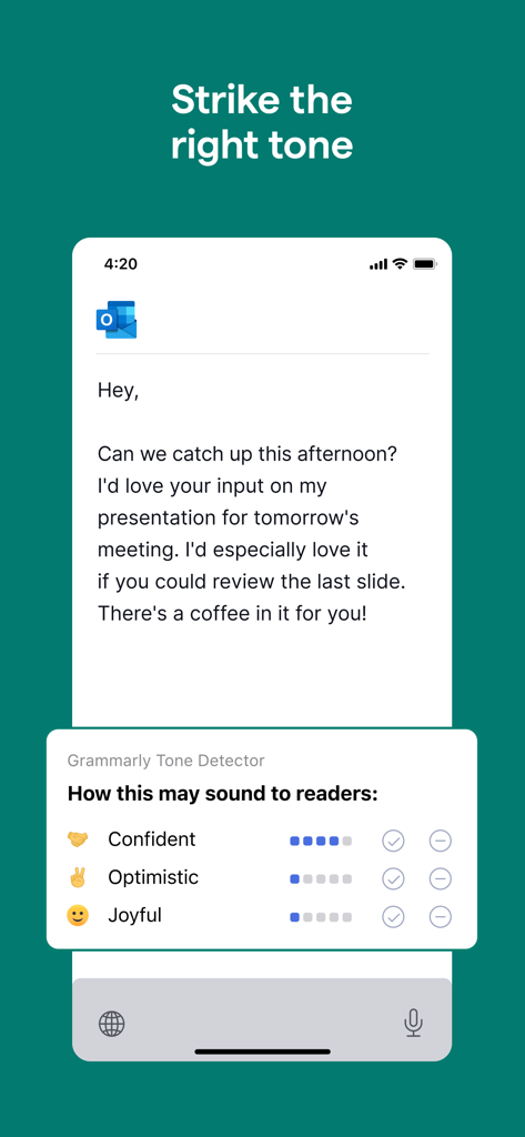 Clavier IA Grammarly montrant l'analyse de détection du ton pour un e-mail professionnel