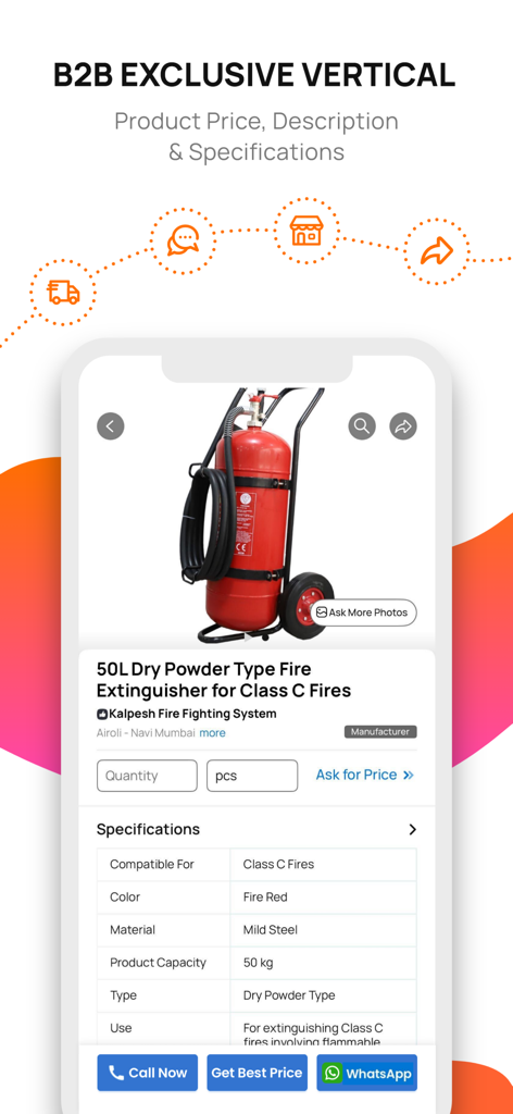 JD - The Best Local Search App - Vertical B2B de la aplicación Justdial que muestra una página de producto de extintor de incendios con especificaciones y opciones de consulta