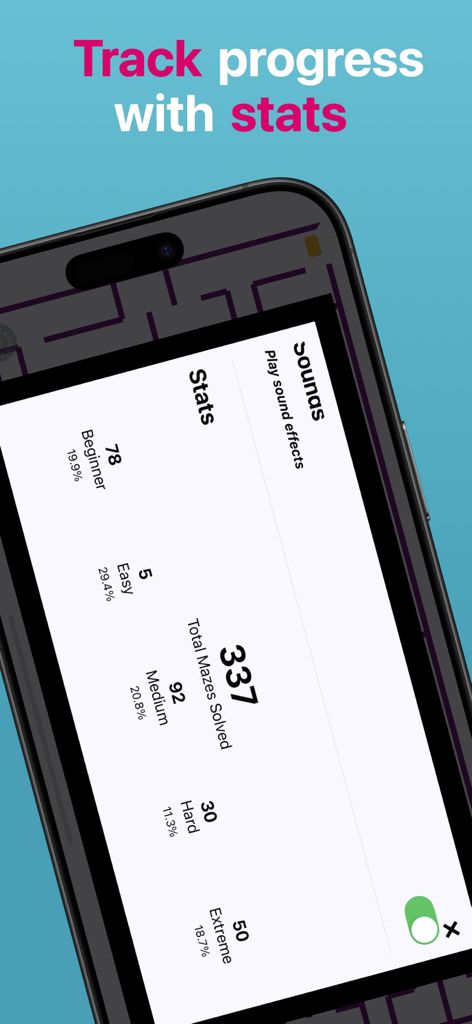 Maze Master: Brain Training - Captura de tela do aplicativo Maze Master exibindo estatísticas do jogo e acompanhamento de progresso em vários níveis de dificuldade