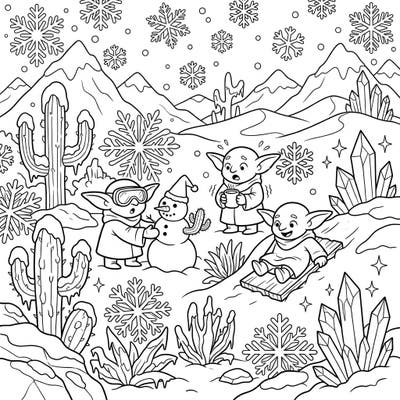 Explore a charming and unexpected winter scene featuring playful desert goblins enjoying the snow. This unique coloring page offers a delightful blend of arid and icy elements for endless creative fun.