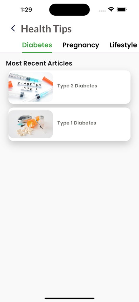 Bisa - Bisa app Health Tips screen displaying educational articles about Type 1 and Type 2 diabetes