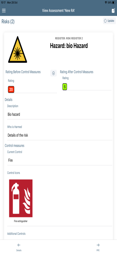 A detailed hazard report within the MY Risk Assessments app showing risk ratings before and after control measures for a biohazard
