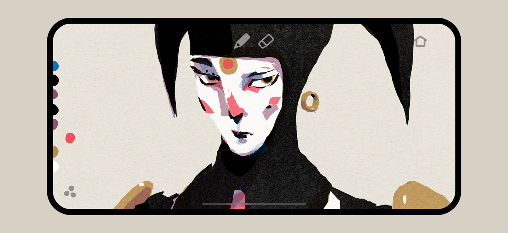 Digital portrait illustration with grain and ink textures in the Graintouch app interface