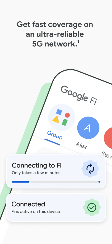 Google Fi App-Oberfläche zeigt 5G-Netzabdeckung und Verbindungsstatusanzeigen.