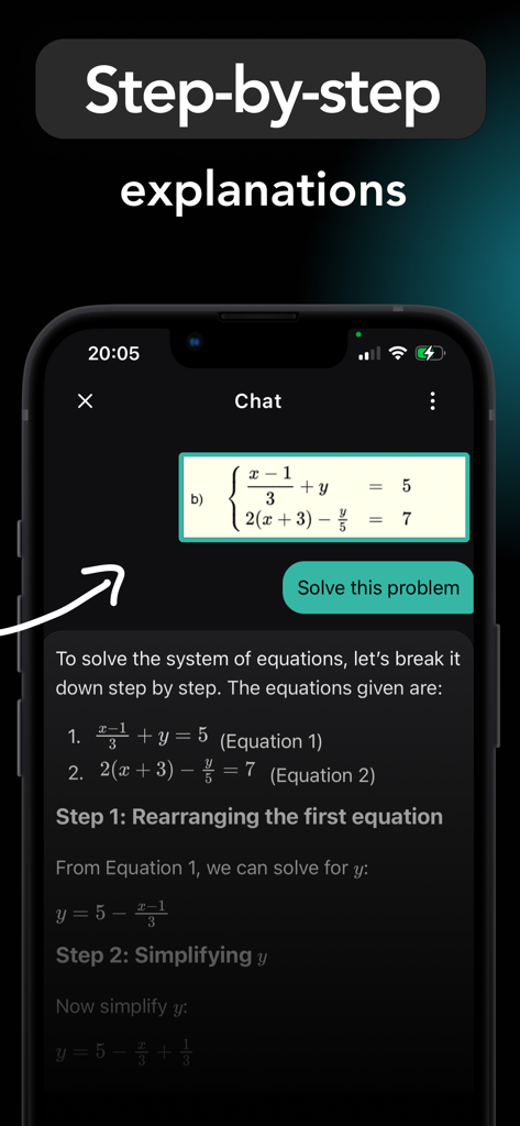 Math AI Homework Helper Solver - チャットインターフェース内で段階的な数学の問題解決が表示されているスマートフォンの画面。