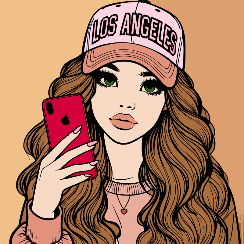 realistic beautiful girl wearing los ángeles cap holding an iphone