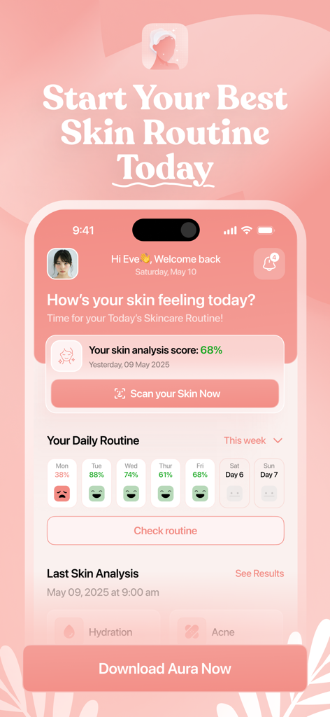 Aura - Clear Up Your Skin - Mobile interface of Aura skincare app showing skin analysis score and daily routine tracker