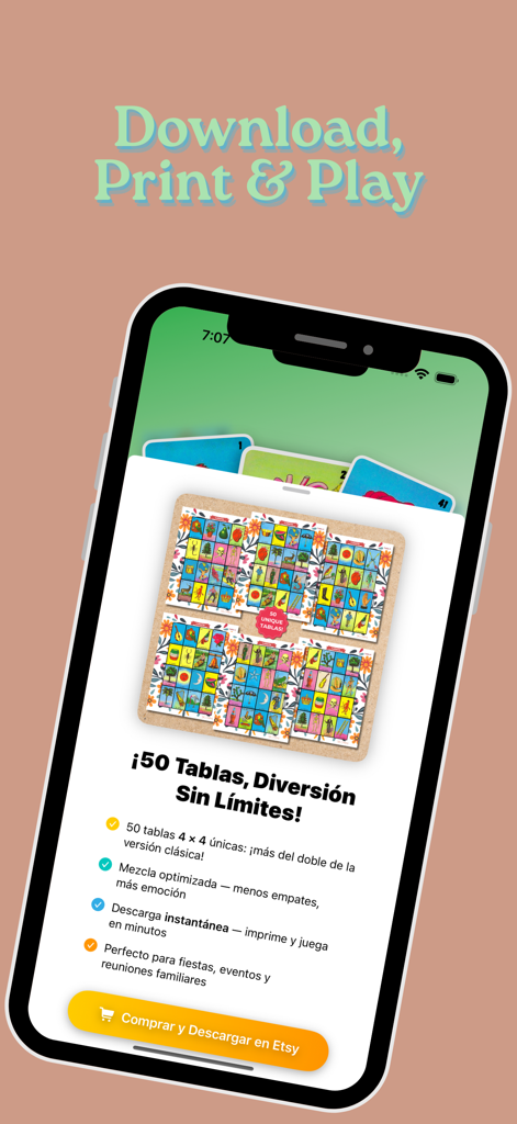 Loteria Mexicana Digital - Screenshot of Loteria Mexicana Digital app showing 50 unique printable game boards for family gatherings