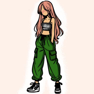girl in baggy pants crop top and long hair