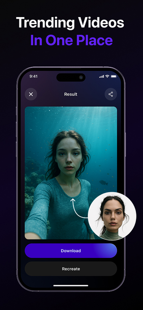 TrendY AI Video Maker - Dance - Pantalla de la aplicación móvil que muestra un resultado de video generado por IA de una mujer bajo el agua