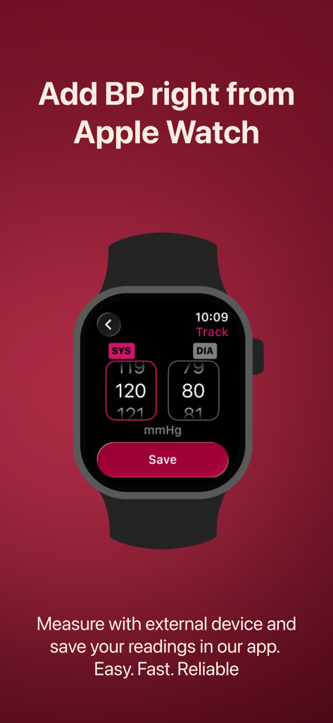 Blood Pressure App: Watch It - Interfaz de Apple Watch que muestra la entrada de datos de presión arterial para lecturas sistólica y diastólica