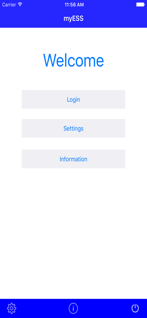 myESS - Welcome screen of the myESS payroll app showing login settings and information buttons