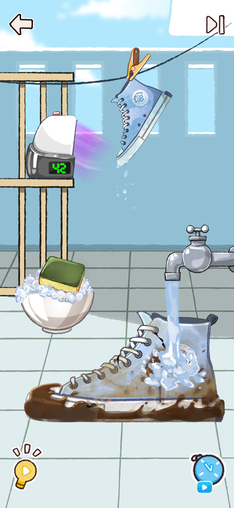 Satisroom: Perfectly Organized - Una zapatilla azul sucia siendo lavada bajo un grifo de agua en un reconfortante nivel de juego de limpieza