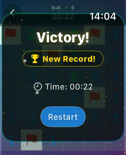 MineSweeper Blast: Watch game - Victory screen of MineSweeper Blast on Apple Watch showing a new record time of 22 seconds.