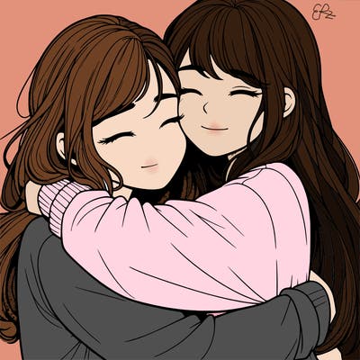 realistic two girls hugging