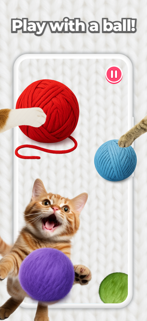 Un chat roux jouant avec des pelotes de laine virtuelles colorées dans l'interface de l'application CatPlay