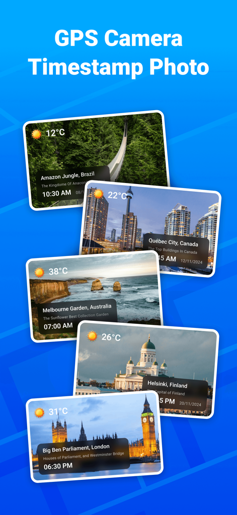 GPS Camera: Stamp Photo Map - Collage de fotos mostrando sellos de ubicación GPS, hora y clima en varios destinos de viaje