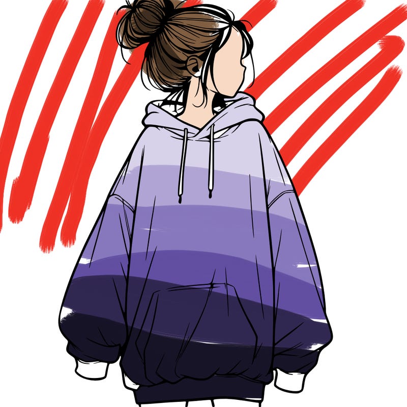 realistic girl with a oversized sweatshirt on and a bun