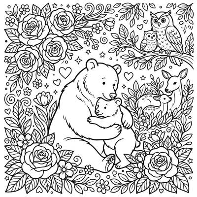 Dive into the heartwarming world of nature with this special Mother's Day coloring page, celebrating the beautiful bonds between wildlife mothers and their young. Featuring a loving bear embrace and other forest families, it's a perfect tribute to maternal love.