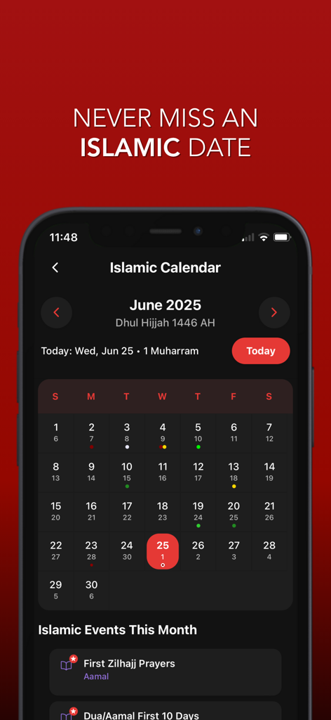 Rawda - Shia Spiritual Audio - The Islamic calendar interface in the Rawda Shia spiritual app showing religious dates and events