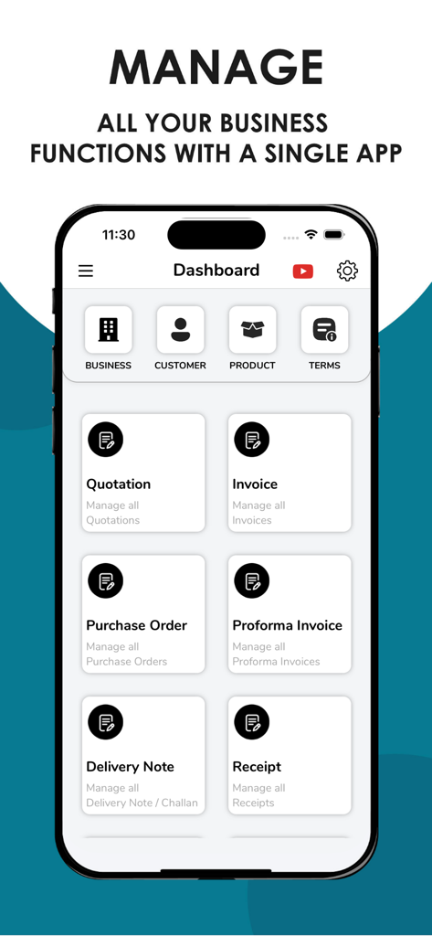 Quotation Maker - Painel do aplicativo Quotation Maker mostrando blocos de gerenciamento de negócios para cotações e faturas