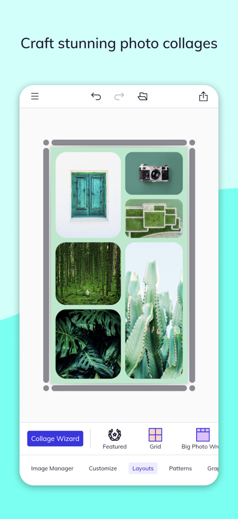 BeFunky - BeFunky 앱 인터페이스에서 자연 테마 사진 콜라주 레이아웃을 보여줌