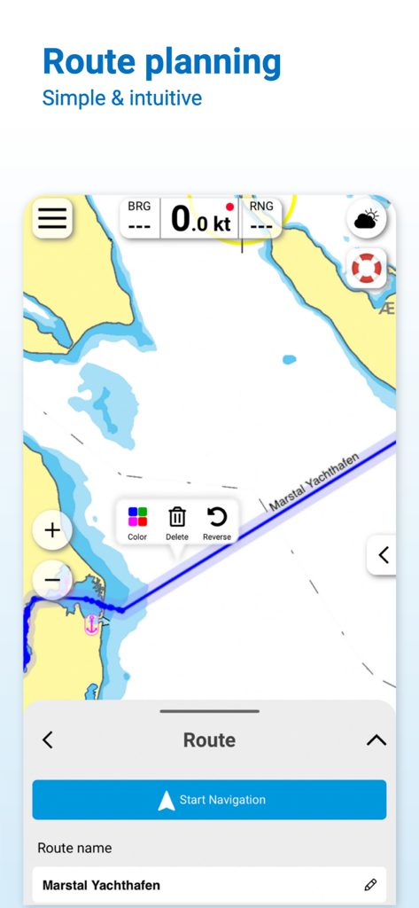 Interfaz de la aplicación NV Charts mostrando una pantalla de planificación de rutas náuticas sencilla e intuitiva con un mapa y un botón de inicio de navegación