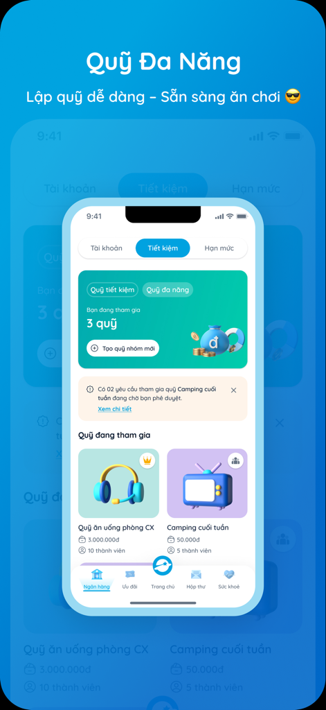 TNEX - Ngân hàng số thế hệ mới - TNEX 디지털 뱅킹 앱, 다용도 펀드 관리 인터페이스 표시