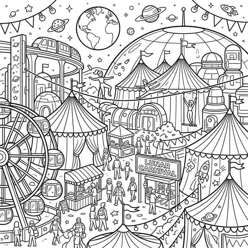 Journey to a fantastical future with this intricate Lunar Colonies Carnival coloring page. Immerse yourself in a bustling moon settlement, full of acrobats, fairground rides, and cosmic wonders waiting for your creative touch.
