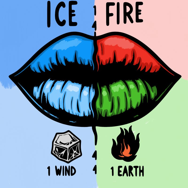 realistic lip split in fourth . 1 fourth ice 1 fire 1wind 1 earth