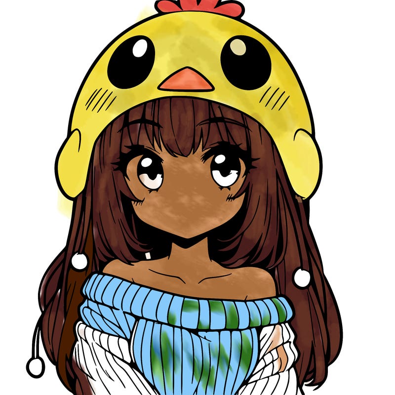 anime girl with chick shaped hat with sweater with bare shoulders with bangs covering them one eye with low tail