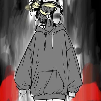 realistic girl with a oversized sweatshirt on and a bun