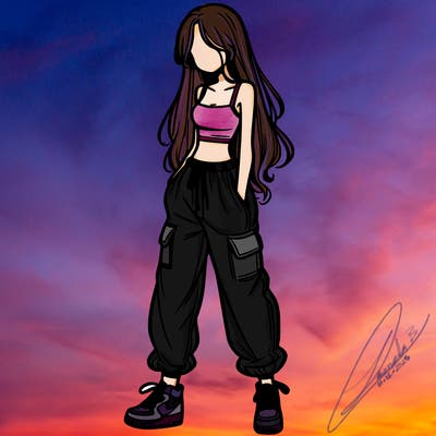 girl in baggy pants crop top and long hair