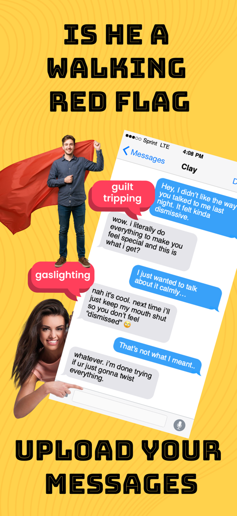 Tea App for Women: Honest - Screenshot of the Honest Tea app interface showing AI analysis of a dating chat to detect red flags like guilt tripping and gaslighting.