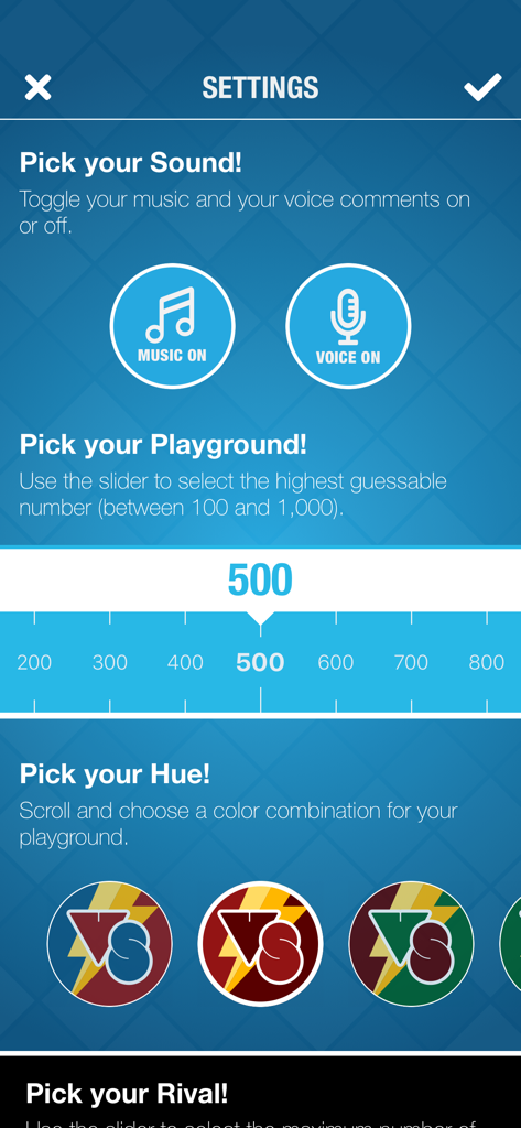 The Number Guessing Challenge - VERSUS 모바일 앱의 설정 화면. 사운드 토글, 숫자 범위 슬라이더, 색상 테마 사용자 지정 옵션 표시.