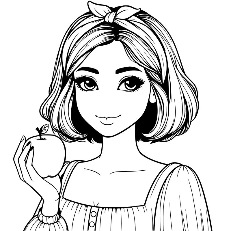 a woman with medium short hair, wearing a headband with a small bow, carrying an apple in her hand, realistic