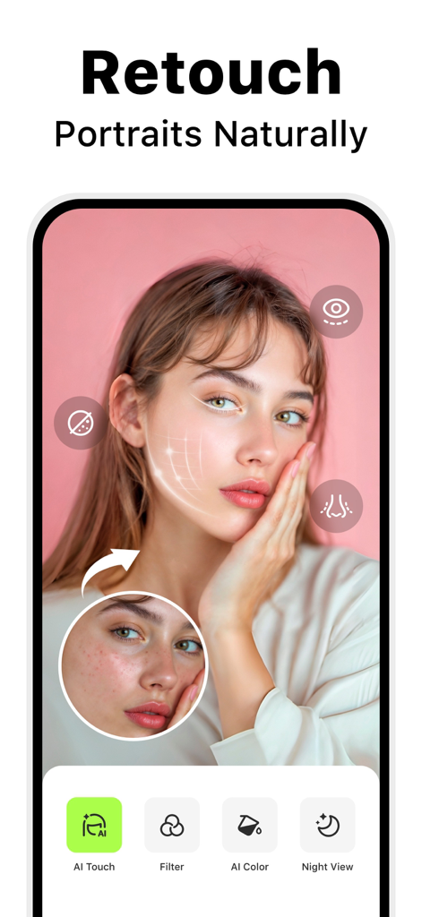 Video Enhancer - Utool - Oberfläche der Video Enhancer - Utool App, die KI-Porträtretusche für natürliche Hautglättung bei einem weiblichen Gesicht zeigt.