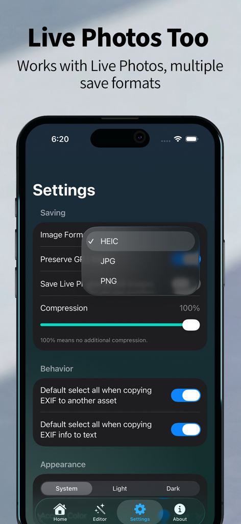 Exif Snap: Copy·View·Edit EXIF - Exif Snap app settings screen showing image format selection and saving options for Live Photos.