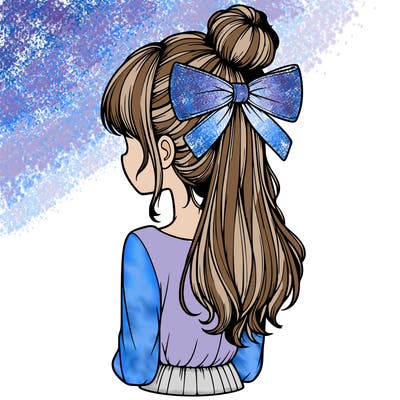 realistic girl  with hip length hair a bun and a big bow on the back of head