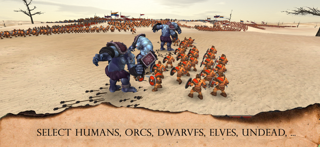 Fantasy battle simulator gameplay showing human soldiers and giant creatures in a desert combat scenario.