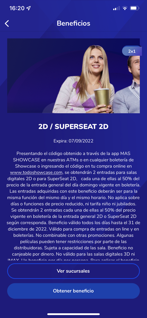 Mas Showcase app benefits page showing a 2 for 1 movie ticket offer